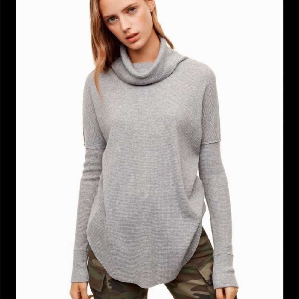 Tna Aritzia Loose Cowl Neck Long Sleeve Waffle Top Heather Grey - XS